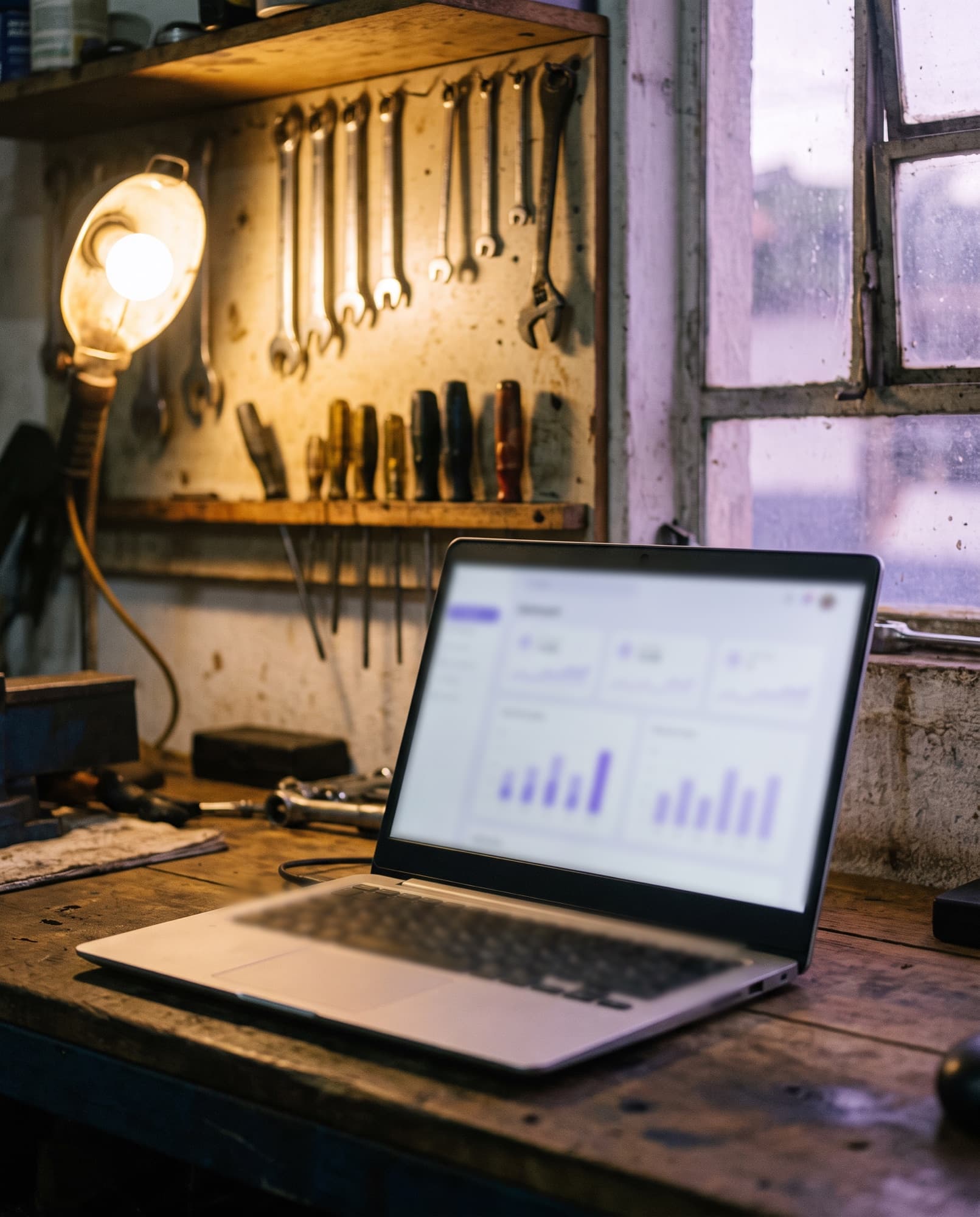 Notebook com um painel de gestão aberto sobre a bancada de uma oficina vazia
